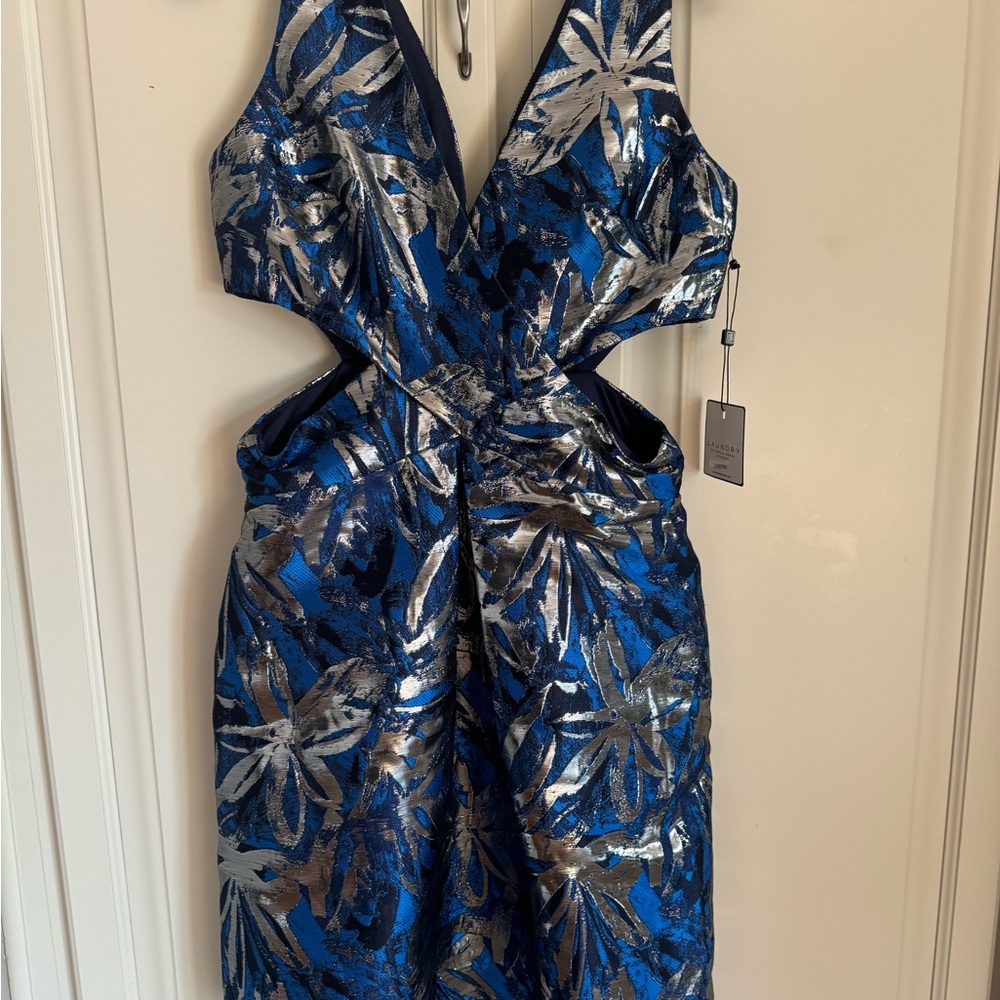 Laundry By Shelli Segal Blue Plunge Neck Sheath Dress